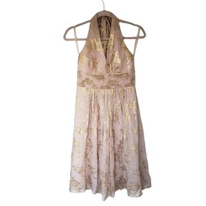 BcbgMaxAzria Halter Top Backless Party Cocktail Dress Nude & Gold Floral Print